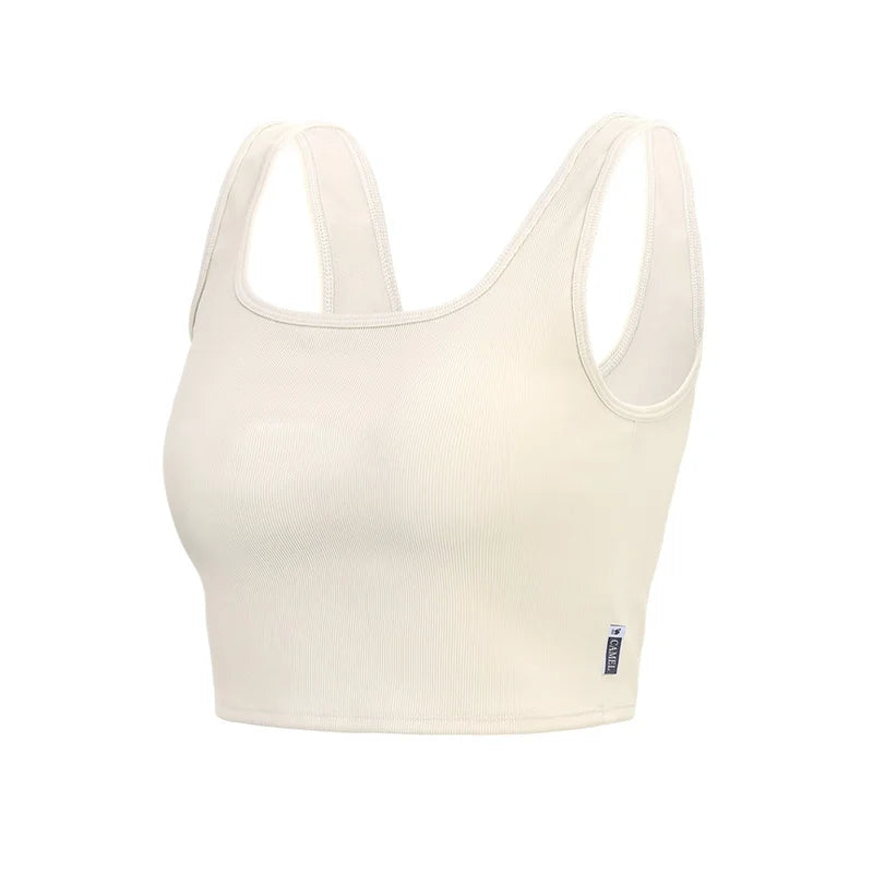 Camiseta sin mangas corta de canalé para mujer, color beige