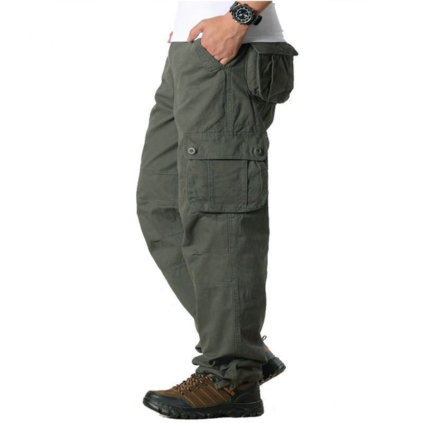Pantalón masculino cargo, de alta resistencia y durabilidad, verde militar.
