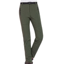 Pantalón femenino, tejido de poliéster con forro interno de fleece, impermeable y resistente al viento, verde.