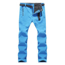 Pantalón femenino, tejido de poliéster con forro interno de fleece, impermeable y resistente al viento, azul claro.