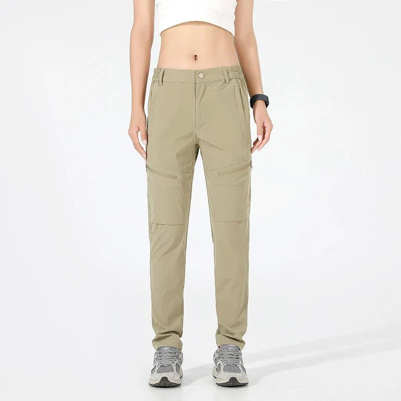 Pantalón de mujer con elástico en los laterales de la cintura tejido de nailon y elastano, color caqui