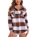Camisa de franela a cuadros para mujer, diseño holgado marrón y blanco