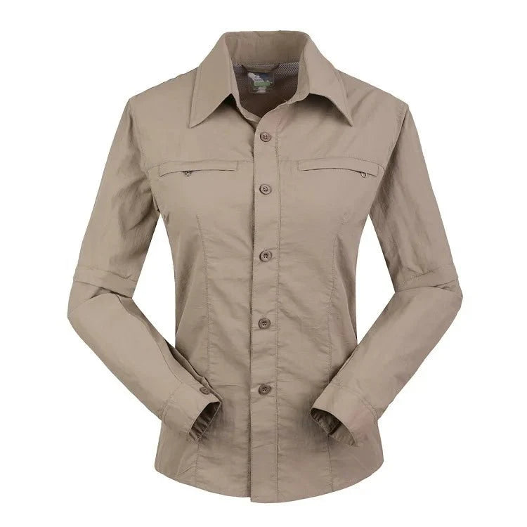 Camisa 2 en 1 de manga larga o corta para mujer poliéster y algodón, color caqui