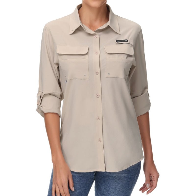 Camisa de manga larga para mujer con protección UPF50+ bolsillos multifunción, Caqui