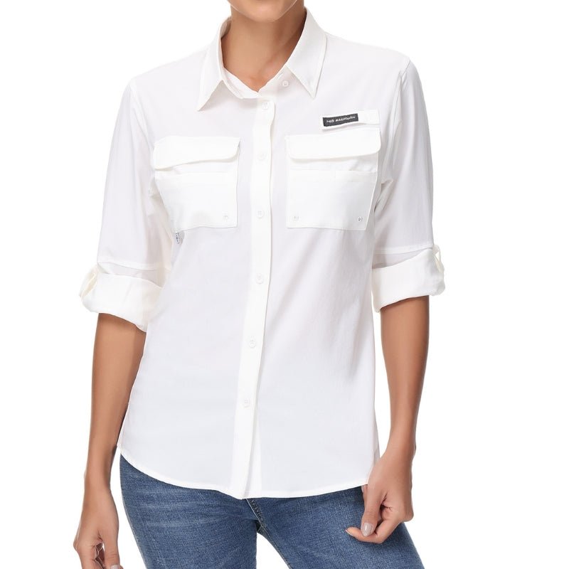 Camisa de manga larga para mujer con protección UPF50+ bolsillos multifunción, Blanco