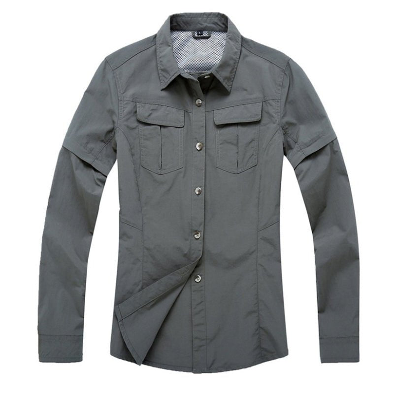 Camisa de manga larga 2 en 1 para mujer, manga desmontable material poliéster, color gris