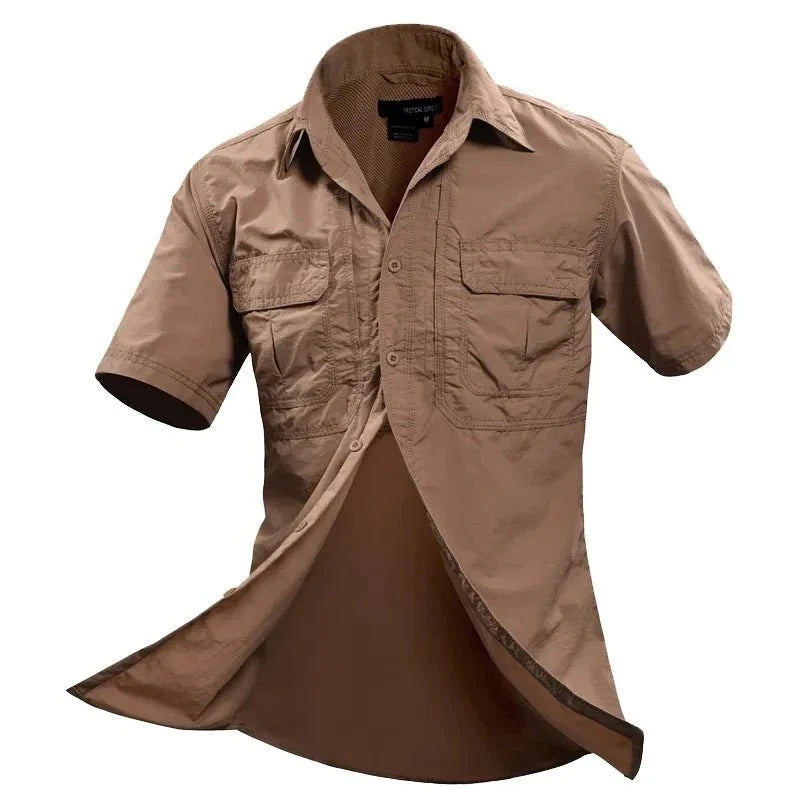 Camisa cómoda de manga corta para hombre Apertura en la parte posterior para circulación del aire, color marrón