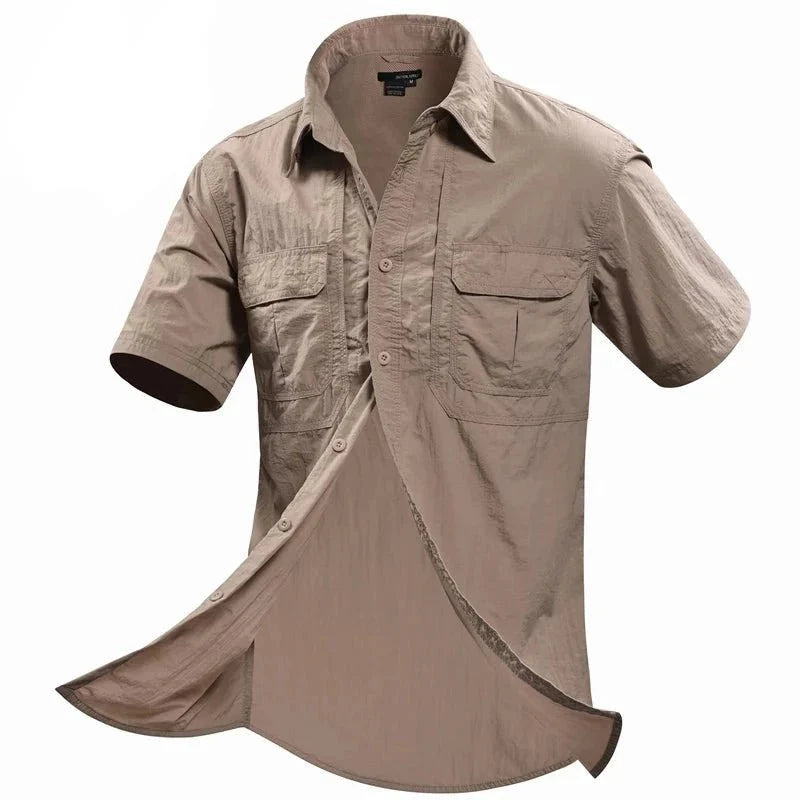 Camisa cómoda de manga corta para hombre Apertura en la parte posterior para circulación del aire, color caqui