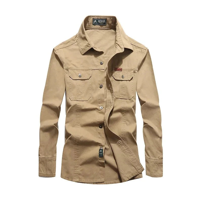 Camisa de manga larga para hombre tejido de algodón, color caqui