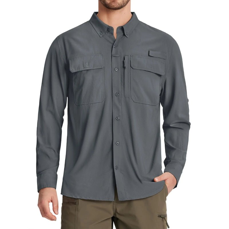 Camisa de manga larga para hombre con protección UPF 50+mangas con guía de botones para mangas cortas, color gris oscuro