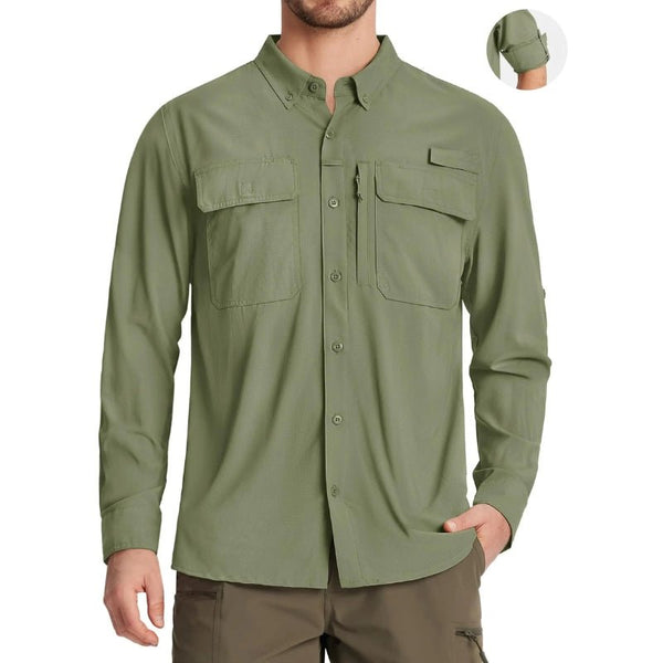 Camisa de manga larga para hombre con protección UPF 50+mangas con guía de botones para mangas cortas, color verde claro