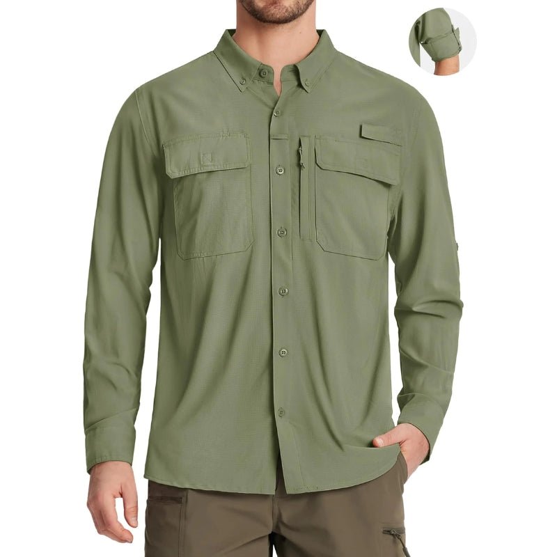 Camisa de manga larga para hombre con protección UPF 50+mangas con guía de botones para mangas cortas, color verde claro