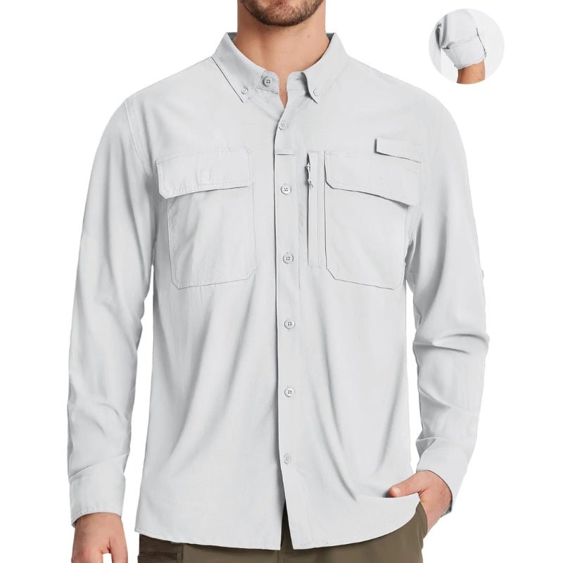 Camisa de manga larga para hombre con protección UPF 50+mangas con guía de botones para mangas cortas, color blanco