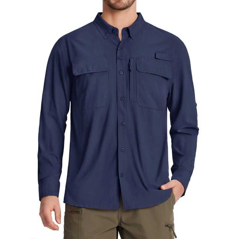 Camisa de manga larga para hombre con protección UPF 50+mangas con guía de botones para mangas cortas, color azul marino