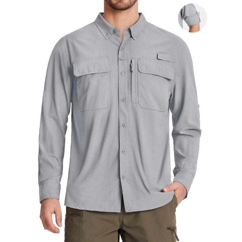 Camisa de manga larga para hombre con protección UPF 50+mangas con guía de botones para mangas cortas, color gris claro