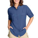 Camisa de manga larga para mujer con protección UPF50+ mangas con solapa con botones, azul