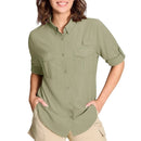 Camisa de manga larga para mujer con protección UPF50+ mangas con solapa con botones, verde claro