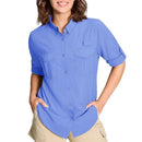 Camisa de manga larga para mujer con protección UPF50+ mangas con solapa con botones, azul claro