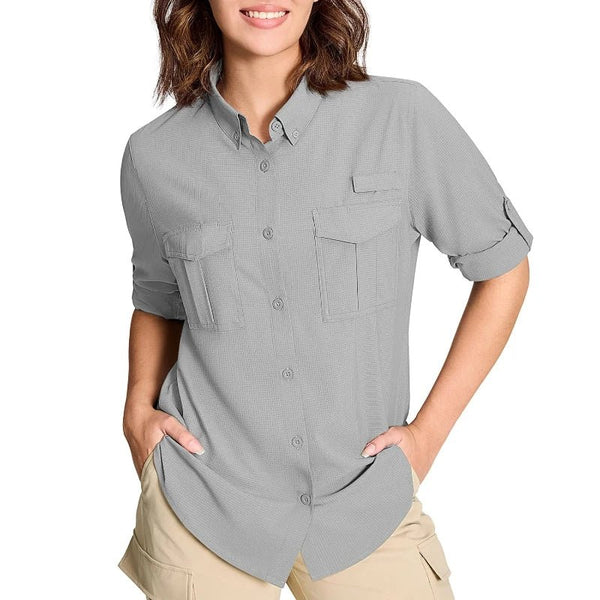 Camisa de manga larga para mujer con protección UPF50+ mangas con solapa con botones, gris claro