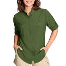 Camisa de manga larga para mujer con protección UPF50+ mangas con solapa con botones, verde