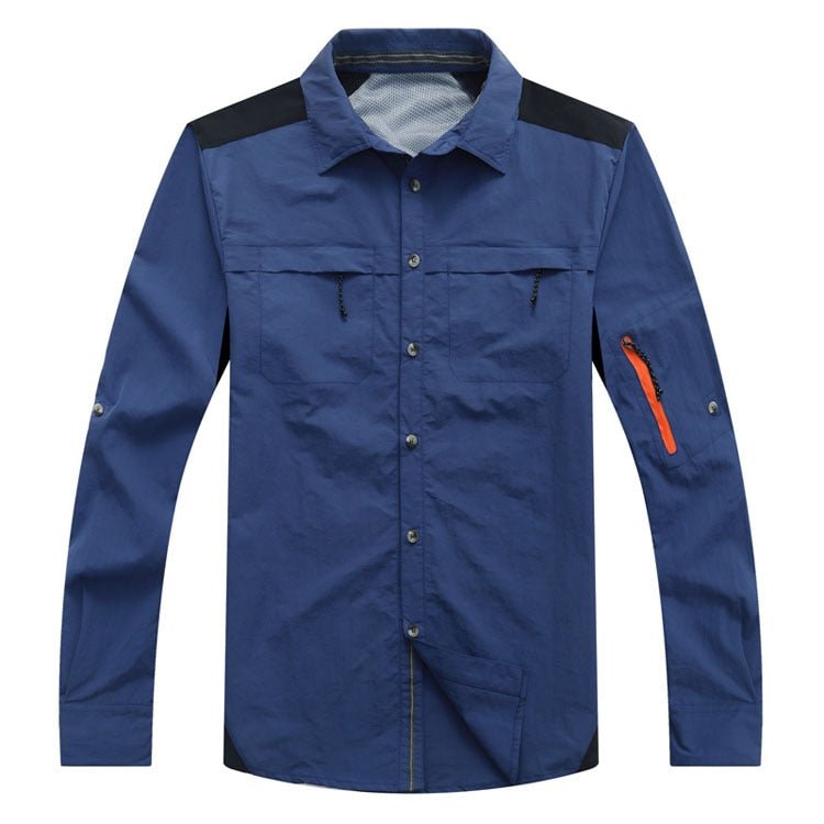 Camisa de manga larga para hombre con protección UV tejido de poliéster, color azul