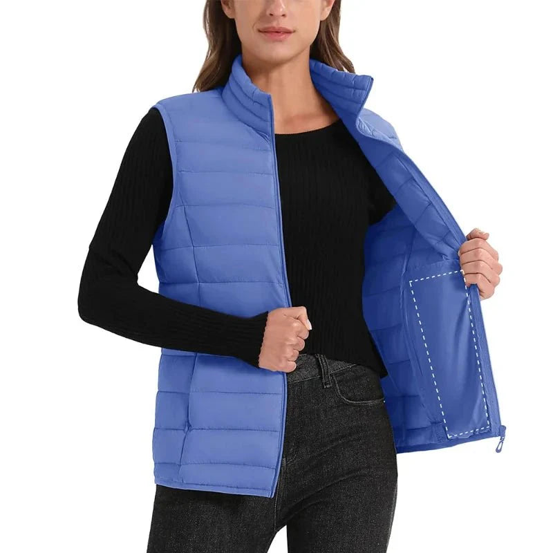Chaleco acolchado para mujer, transpirable, suave y cómodo material exterior: Poliéster material de relleno: 85% pluma de ganso, color azul claro