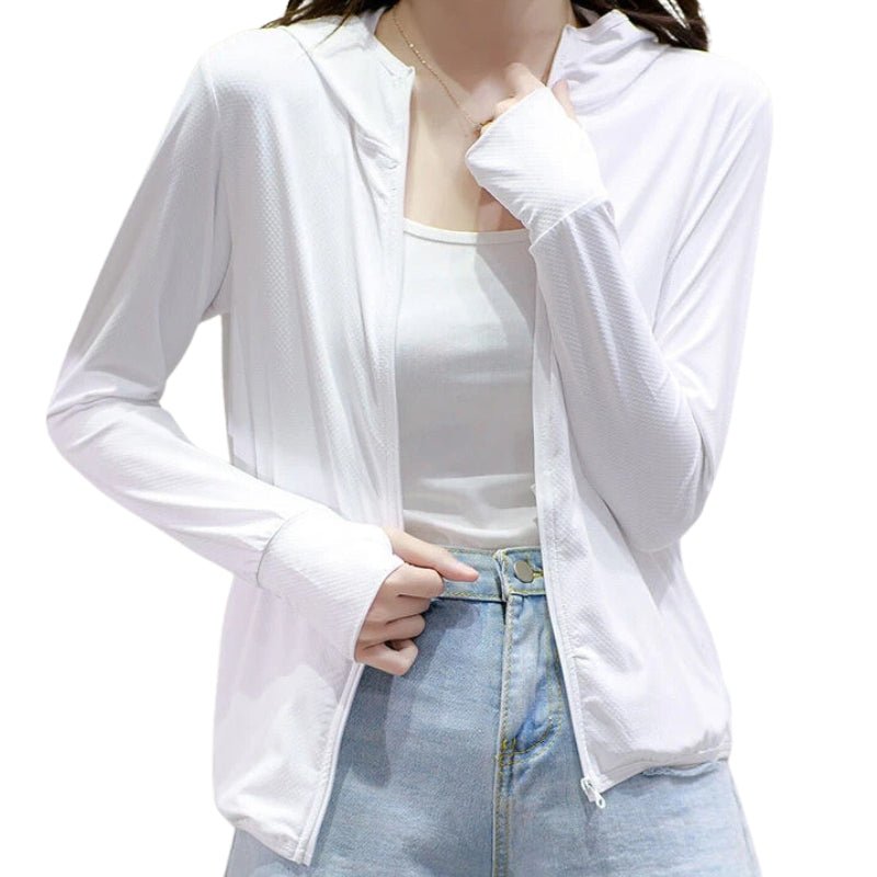 Cortavientos para mujer, con protección solar UPF 50+;
Manga con orificio para el pulgar que protege la mano, blanco.