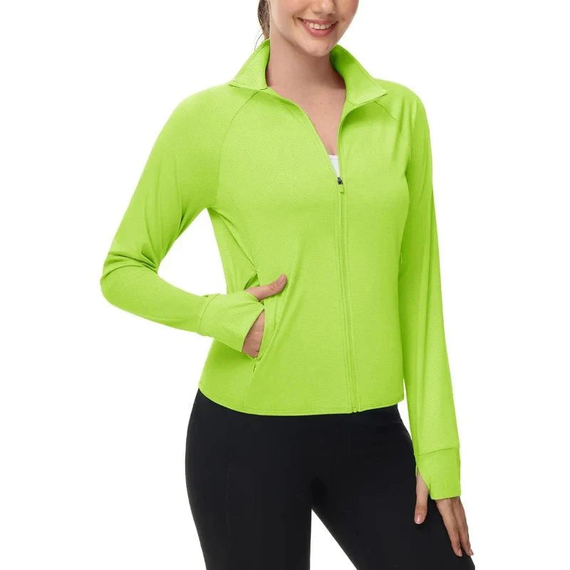 Chaqueta Cortavientos Mujer con protección UPF 50+, bolsillos con cremallera para garantizar la seguridad de los objetos, bolsillo interior, flouroscente.
