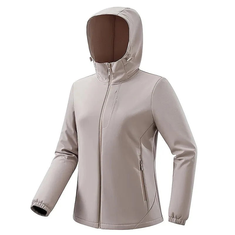 Chaqueta cortavientos impermeable para mujer con forro térmico,
Capucha desmontable, bolsillos con cremallera para las manos, caqui.