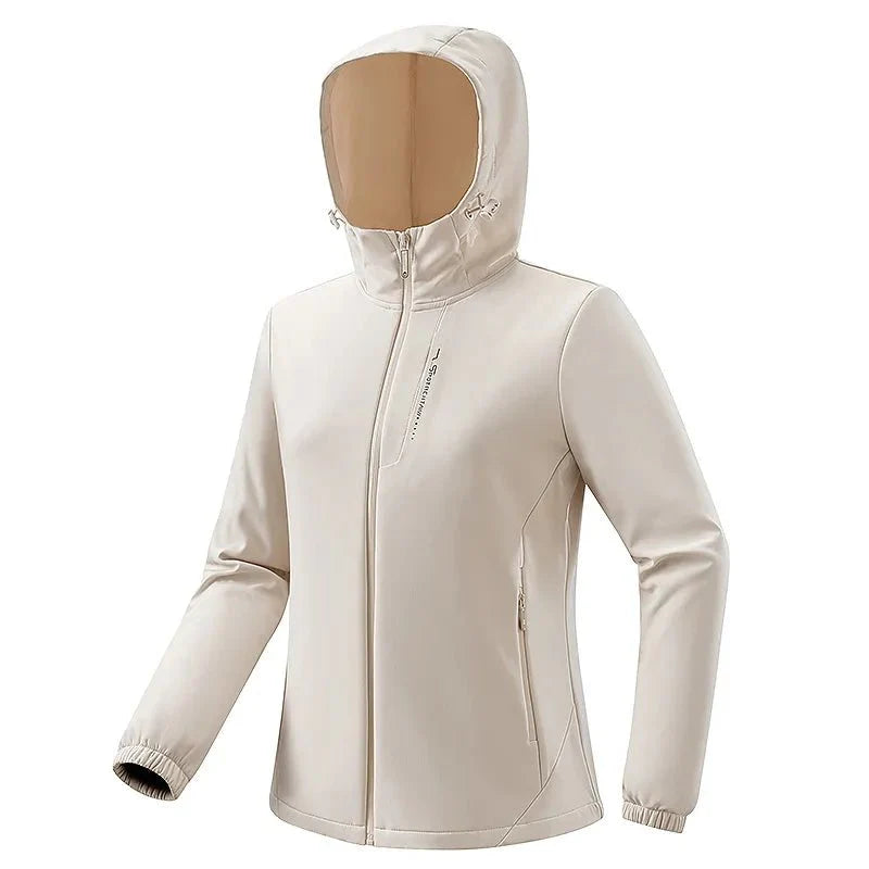 Chaqueta cortavientos impermeable para mujer con forro térmico,
Capucha desmontable, bolsillos con cremallera para las manos, blanco.