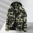 Chaqueta cortavientos camuflaje para hombre, estilo parka, con forro.
 Bolsillos internos con cremallera, capucha impermeable extraíble, camuflaje caqui.