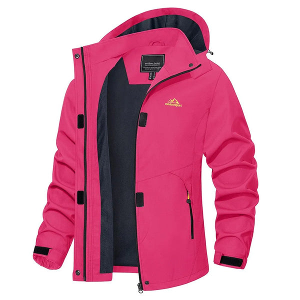 Chaqueta cortavientos para mujer, con forro, impermeable, con bolsillos para manos y pecho con cremallera, bolsillo interior, capucha desmontable y puños ajustables, rosa oscuro.