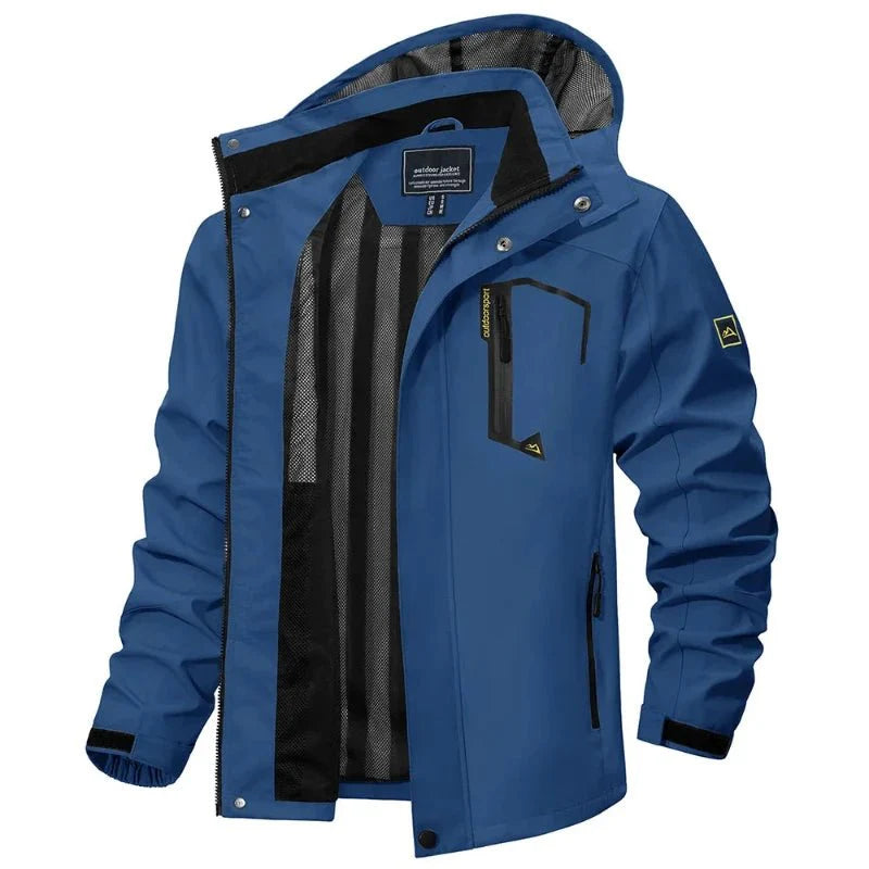 Chaqueta cortavientos impermeable para hombre,
Ligero, transpirable, resistente al desgaste.
Bolsillos para las manos y un bolsillo en el pecho con cremallera, capucha, azul oscuro.