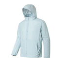 Chaqueta cortavientos para hombre con protección solar UPF 50+ tejido poliéster capucha desmontable, color azul