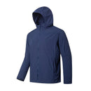 Chaqueta cortavientos para hombre con protección solar UPF 50+ tejido poliéster capucha desmontable, color azul oscuro