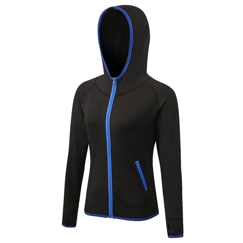 Chaqueta cortavientos para mujer ligero, transpirable, de secado rápido, detalle de color azul