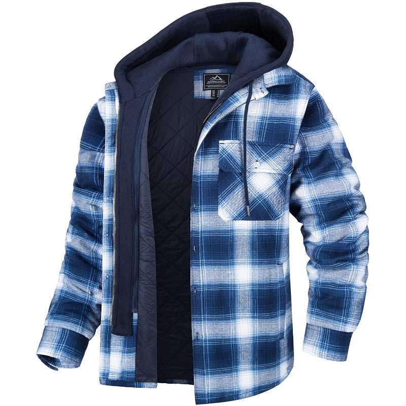 Chaqueta de cuadros para hombre con forro y capucha extraíble, estilo camisa, en azul con blanco
