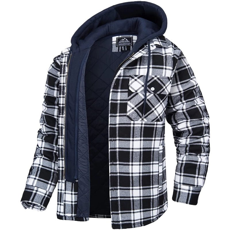 Chaqueta de cuadros para hombre con forro y capucha extraíble, estilo camisa, en negro