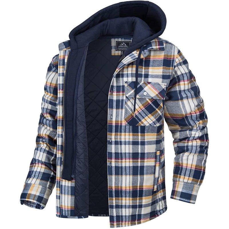 Chaqueta de cuadros para hombre con forro y capucha extraíble, estilo camisa, en amarillo