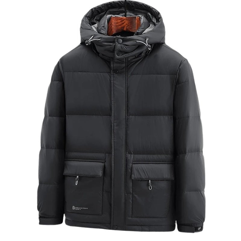 Chaqueta impermeable de plumón de ganso para hombre con capucha extraíble y ajustable negro