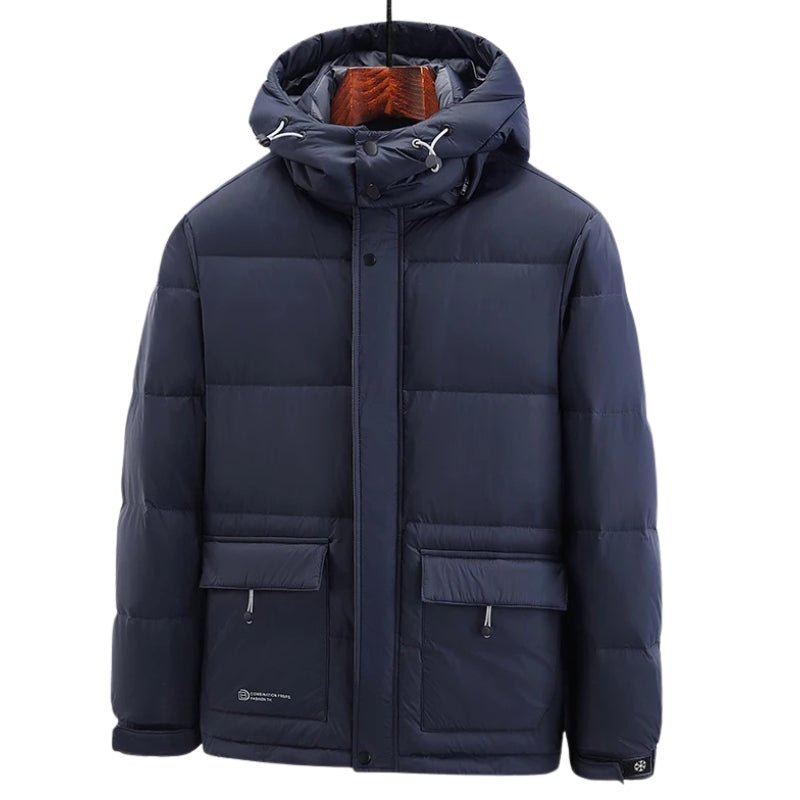 Chaqueta impermeable de plumón de ganso para hombre con capucha extraíble y ajustable azul