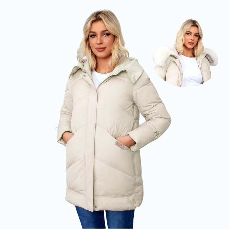 Chaqueta de mujer con capucha y detalle de pelo desmontable, repelente al agua, soporta temperaturas hasta -30ºC, color beige