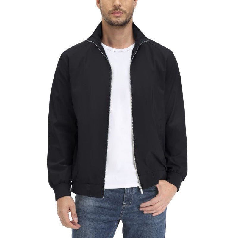 Chaqueta ligera y transpirable para hombre con tejido de poliéster, puños y dobladillo elásticos, negro