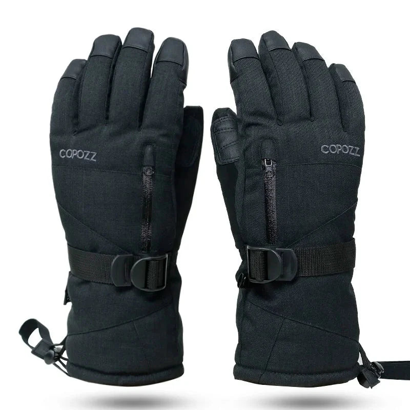 
Guantes térmicos forrados, pantalla táctil, impermeables y cortavientos, con doble sistema de aislamiento térmico y cierre con hebilla