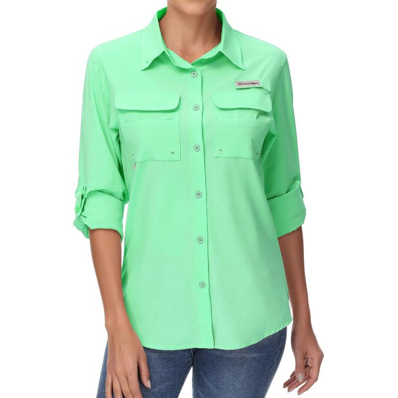Camisa de manga larga para mujer con protección UPF50+ bolsillos multifunción, Verde