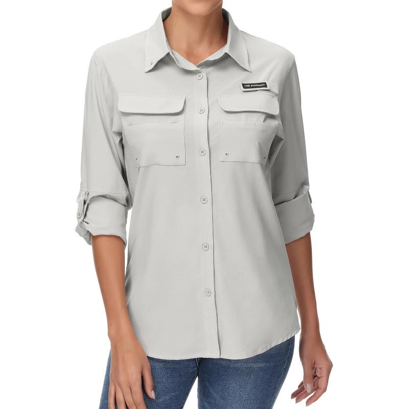 Camisa de manga larga para mujer con protección UPF50+ bolsillos multifunción, Gris
